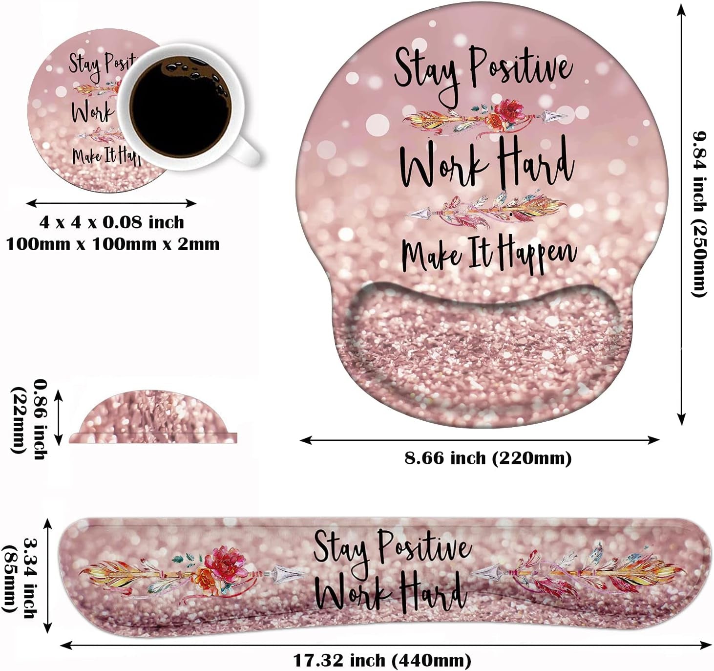 Keyboard Wrist Rest and Mouse Pad Support Set with Coasters, Inspirational Quote Stay Positive Work Hard Make It Happen Non-Slip PU Base for Computer Laptop Home Office