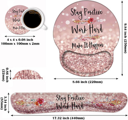 Keyboard Wrist Rest and Mouse Pad Support Set with Coasters, Inspirational Quote Stay Positive Work Hard Make It Happen Non-Slip PU Base for Computer Laptop Home Office