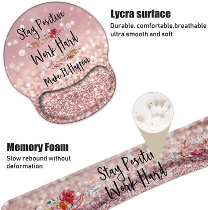 Keyboard Wrist Rest and Mouse Pad Support Set with Coasters, Inspirational Quote Stay Positive Work Hard Make It Happen Non-Slip PU Base for Computer Laptop Home Office