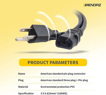 PC Power Cord - 3 Prong AC Power Cable for Computer, Monitor, Speaker, Scanner, Printer - IEC 320 C13 to NEMA 5-15P, 18Awg, 125V 10 Amp (3-Feet)