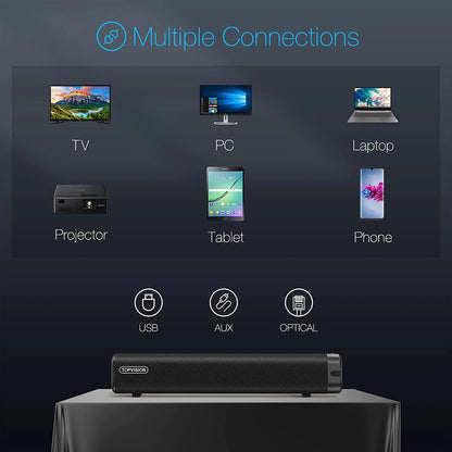 Sound Bar for TV, Soundbar with Subwoofer, Wired & Wireless Bluetooth 5.0 3D Surround Speakers, Optical/Aux/Rca/Usb Connection, Wall Mountable, Remote Control