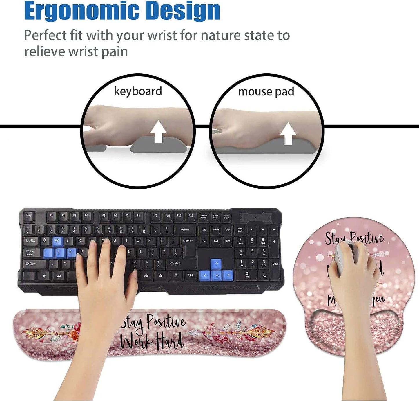 Keyboard Wrist Rest and Mouse Pad Support Set with Coasters, Inspirational Quote Stay Positive Work Hard Make It Happen Non-Slip PU Base for Computer Laptop Home Office