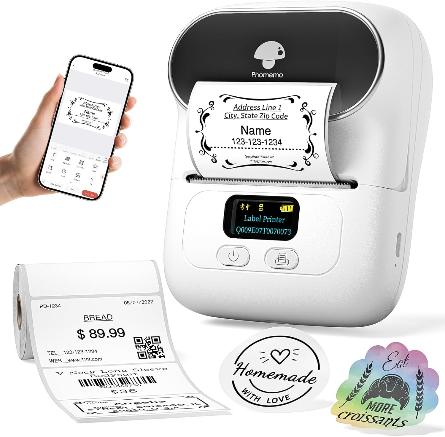 Label Printer M110 Upgraded Label Maker Bluetooth No Ink Portable for Small Business, Address, Office, Home for Phone; for Pc/Mac(Usb), with 100 Labels, White