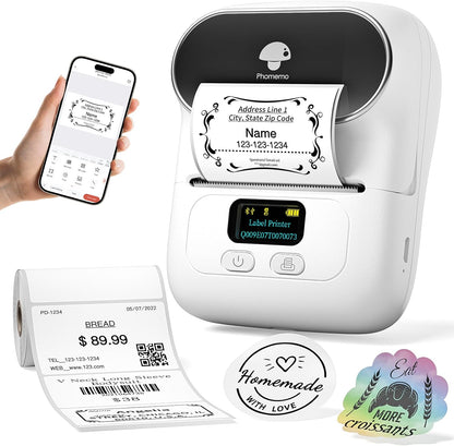 Label Printer M110 Upgraded Label Maker Bluetooth No Ink Portable for Small Business, Address, Office, Home for Phone; for Pc/Mac(Usb), with 100 Labels, White
