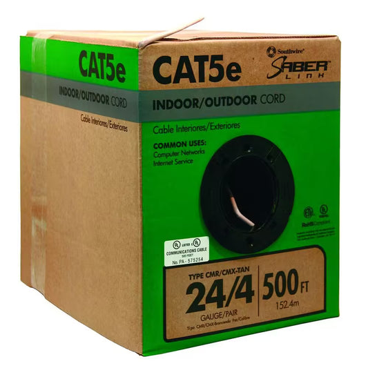 500 Ft. Tan 24/4 Cat5E CMR-CMX Indoor/Outdoor Data Cable