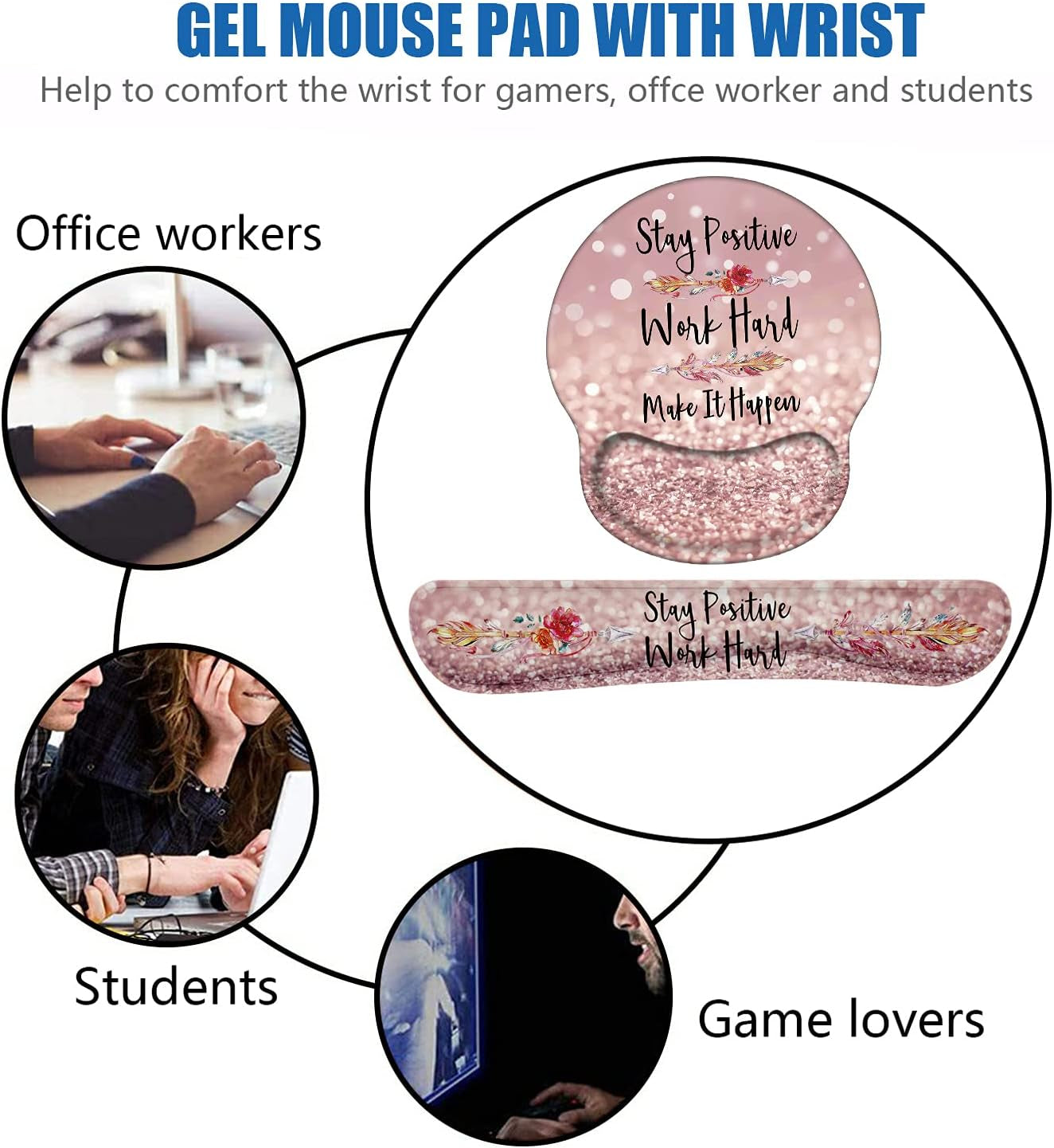 Keyboard Wrist Rest and Mouse Pad Support Set with Coasters, Inspirational Quote Stay Positive Work Hard Make It Happen Non-Slip PU Base for Computer Laptop Home Office