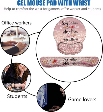 Keyboard Wrist Rest and Mouse Pad Support Set with Coasters, Inspirational Quote Stay Positive Work Hard Make It Happen Non-Slip PU Base for Computer Laptop Home Office