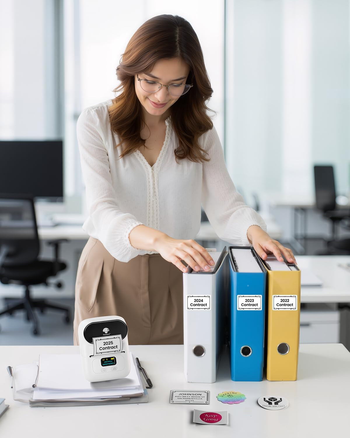 Label Printer M110 Upgraded Label Maker Bluetooth No Ink Portable for Small Business, Address, Office, Home for Phone; for Pc/Mac(Usb), with 100 Labels, White