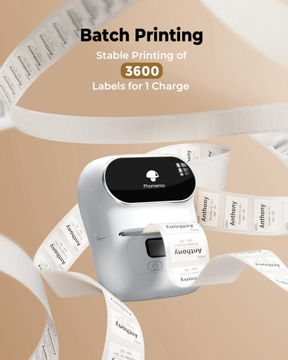 Label Printer M110 Upgraded Label Maker Bluetooth No Ink Portable for Small Business, Address, Office, Home for Phone; for Pc/Mac(Usb), with 100 Labels, White