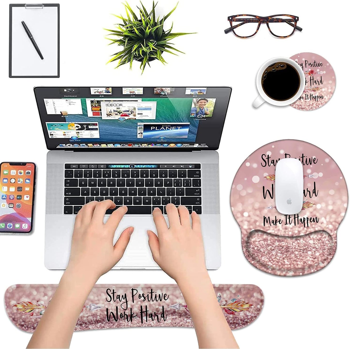 Keyboard Wrist Rest and Mouse Pad Support Set with Coasters, Inspirational Quote Stay Positive Work Hard Make It Happen Non-Slip PU Base for Computer Laptop Home Office
