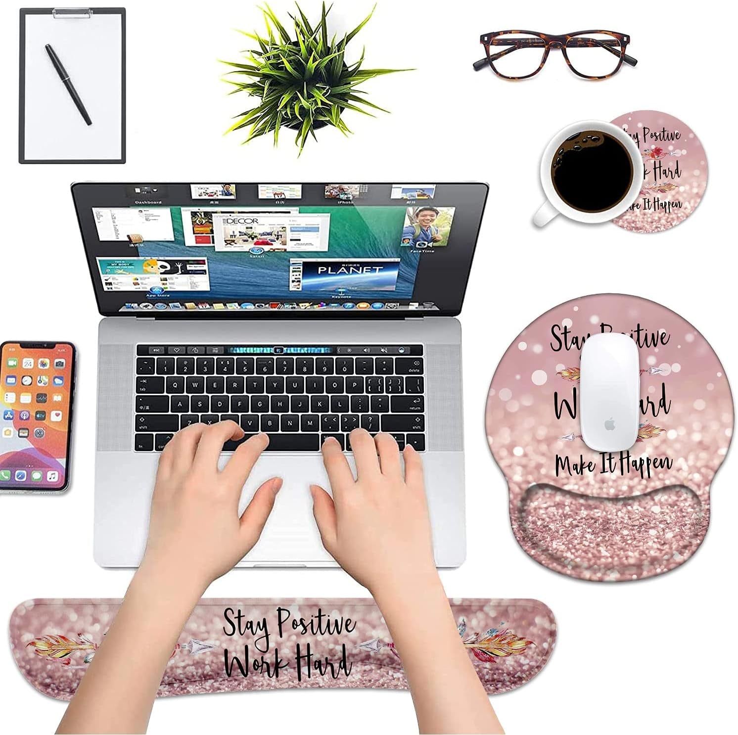 Keyboard Wrist Rest and Mouse Pad Support Set with Coasters, Inspirational Quote Stay Positive Work Hard Make It Happen Non-Slip PU Base for Computer Laptop Home Office