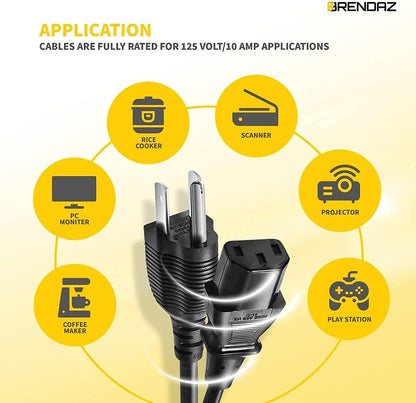 PC Power Cord - 3 Prong AC Power Cable for Computer, Monitor, Speaker, Scanner, Printer - IEC 320 C13 to NEMA 5-15P, 18Awg, 125V 10 Amp (3-Feet)