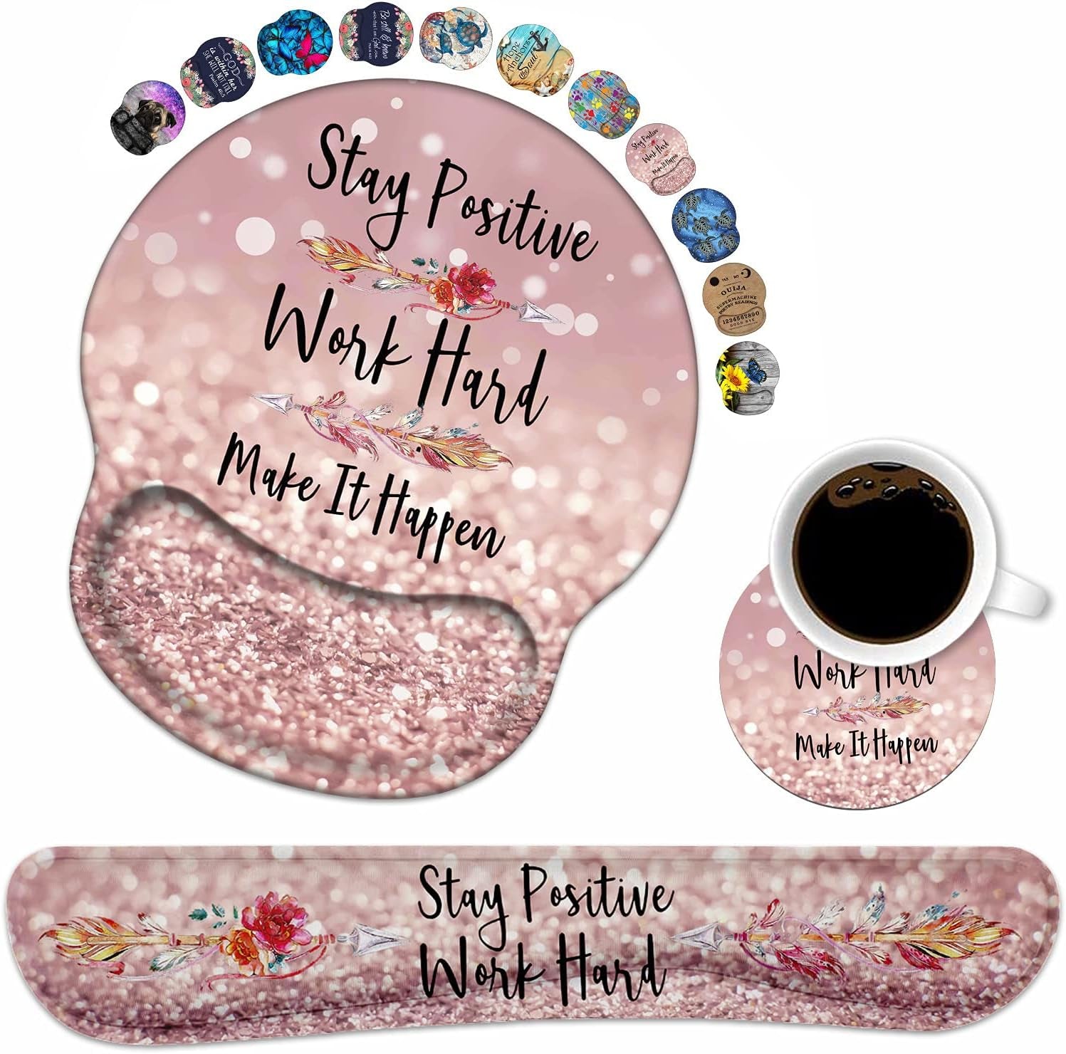 Keyboard Wrist Rest and Mouse Pad Support Set with Coasters, Inspirational Quote Stay Positive Work Hard Make It Happen Non-Slip PU Base for Computer Laptop Home Office