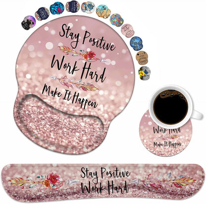 Keyboard Wrist Rest and Mouse Pad Support Set with Coasters, Inspirational Quote Stay Positive Work Hard Make It Happen Non-Slip PU Base for Computer Laptop Home Office